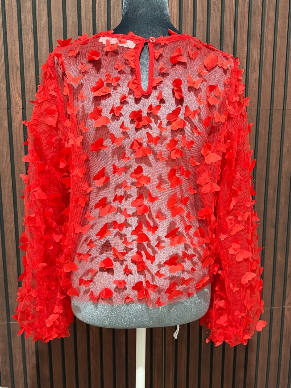 Muy Muy 3D Butterfly Mesh Blouse Juicy Red Balloon Sleeve Sheer Top Size L - Picture 2 of 3